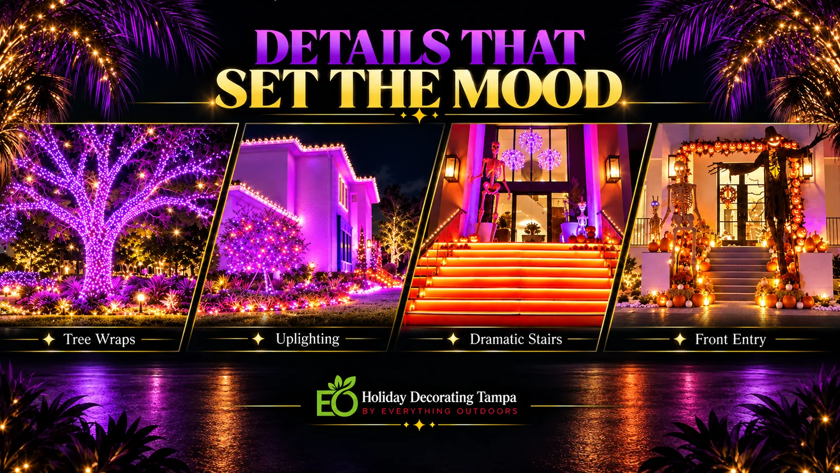 Details that set the mood: tree wraps, uplighting, dramatic stairs and front entry Halloween lighting